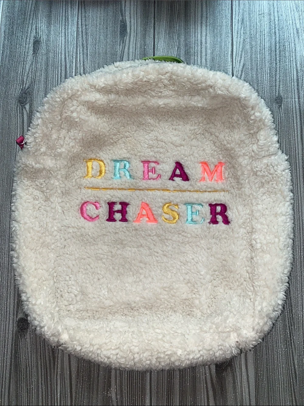 Dream Chaser Kids Faux Shearling Backpack - Cream With Colorful Embroidery